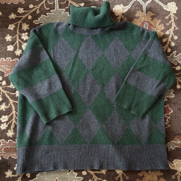 Free People Green and Gray Argyle Turtleneck Sweater M - Picture 2 of 4